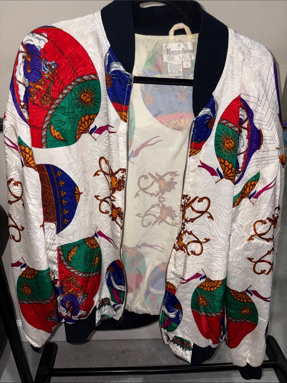 Maggie Barnes White Bomber Jacket with Red Green Blue Print